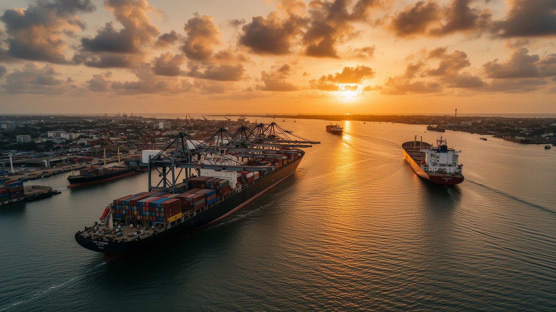 Cargo vessels at a West African port at golden hour