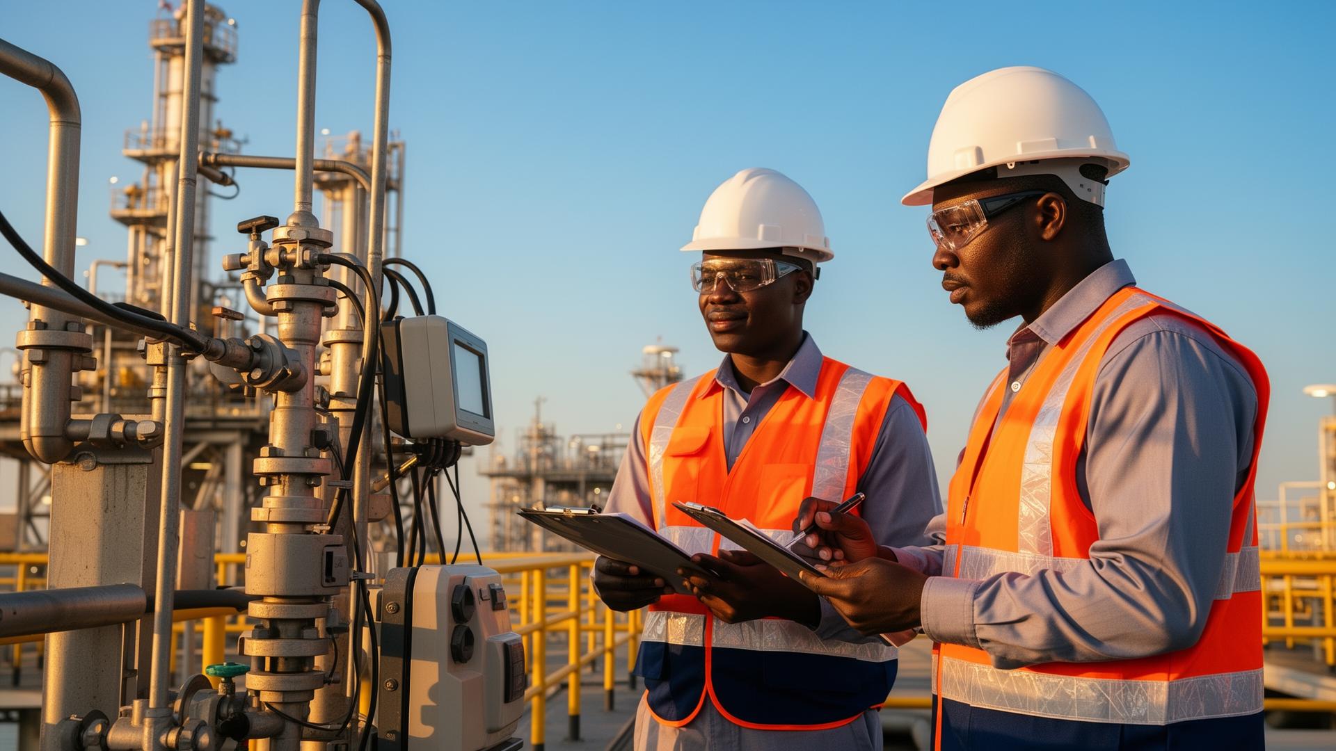 Safety professionals conducting HSE inspection at a petroleum facility
