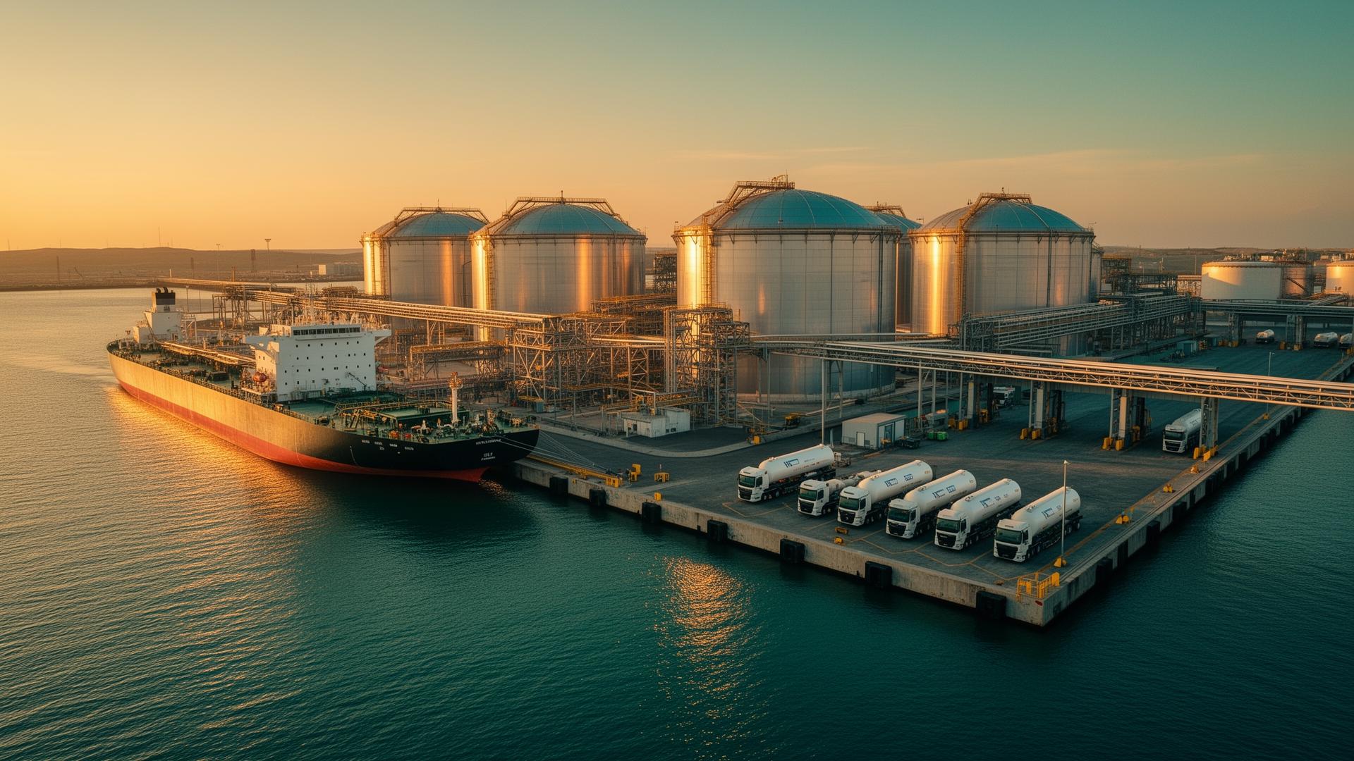 World-class export terminal with tanker vessel and fuel trucks loading