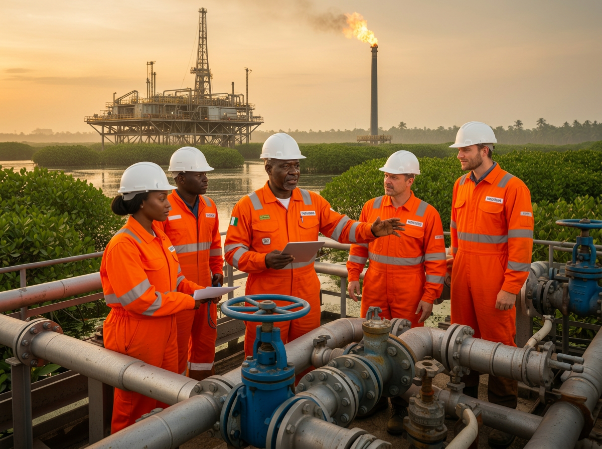 Dunke field engineers inspecting pipeline equipment